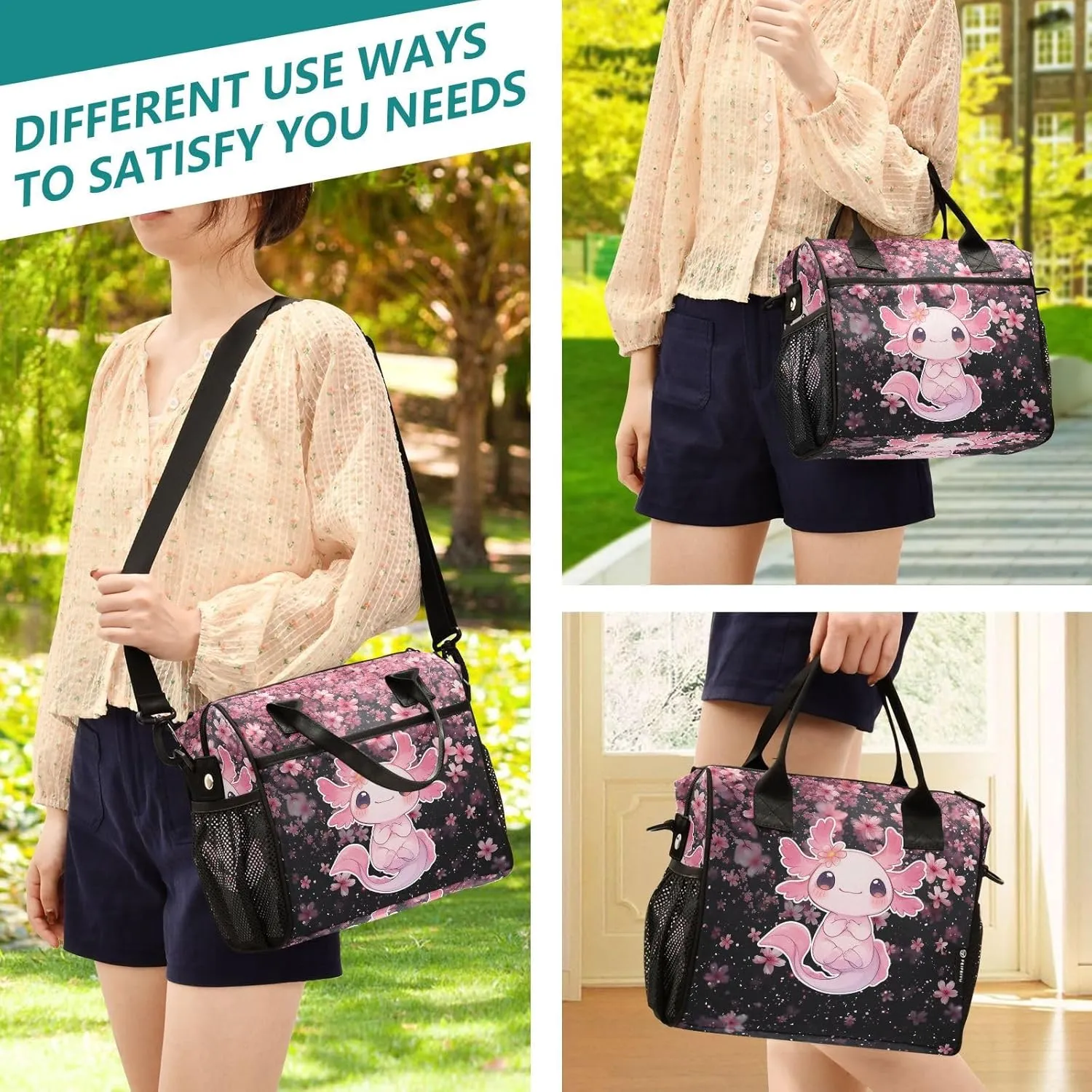 Cute Axolotl Lunch Bag Reusable Lunch Box for Men Women Adults, Insulated Cooler Tote Bag Container with Adjustable Shoulder Strap for Travel Office Picnic Hiking Beach Medium