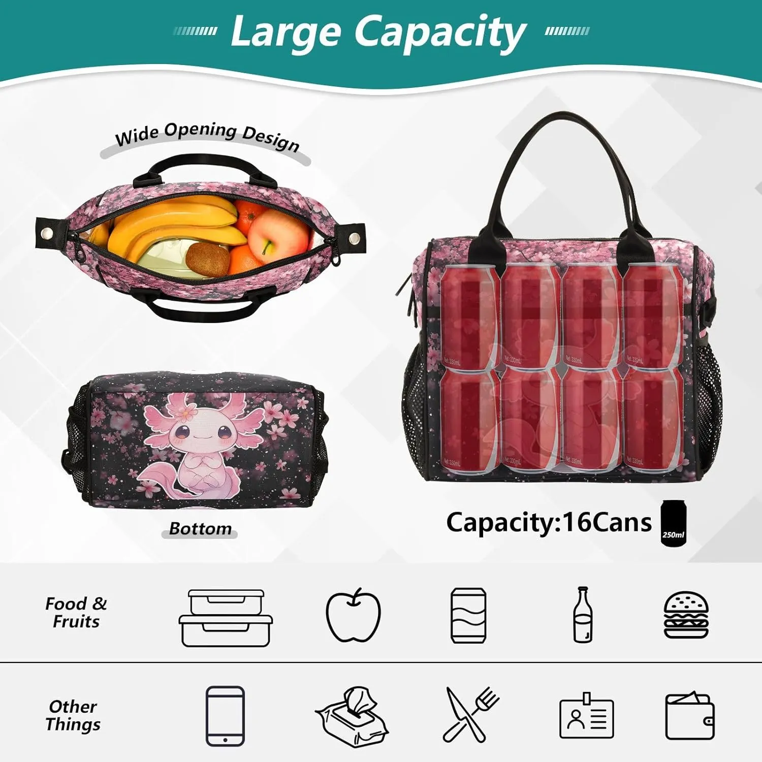 Cute Axolotl Lunch Bag Reusable Lunch Box for Men Women Adults, Insulated Cooler Tote Bag Container with Adjustable Shoulder Strap for Travel Office Picnic Hiking Beach Medium