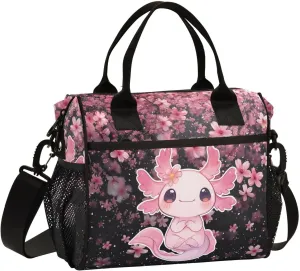 Cute Axolotl Lunch Bag Reusable Lunch Box for Men Women Adults, Insulated Cooler Tote Bag Container with Adjustable Shoulder Strap for Travel Office Picnic Hiking Beach Medium