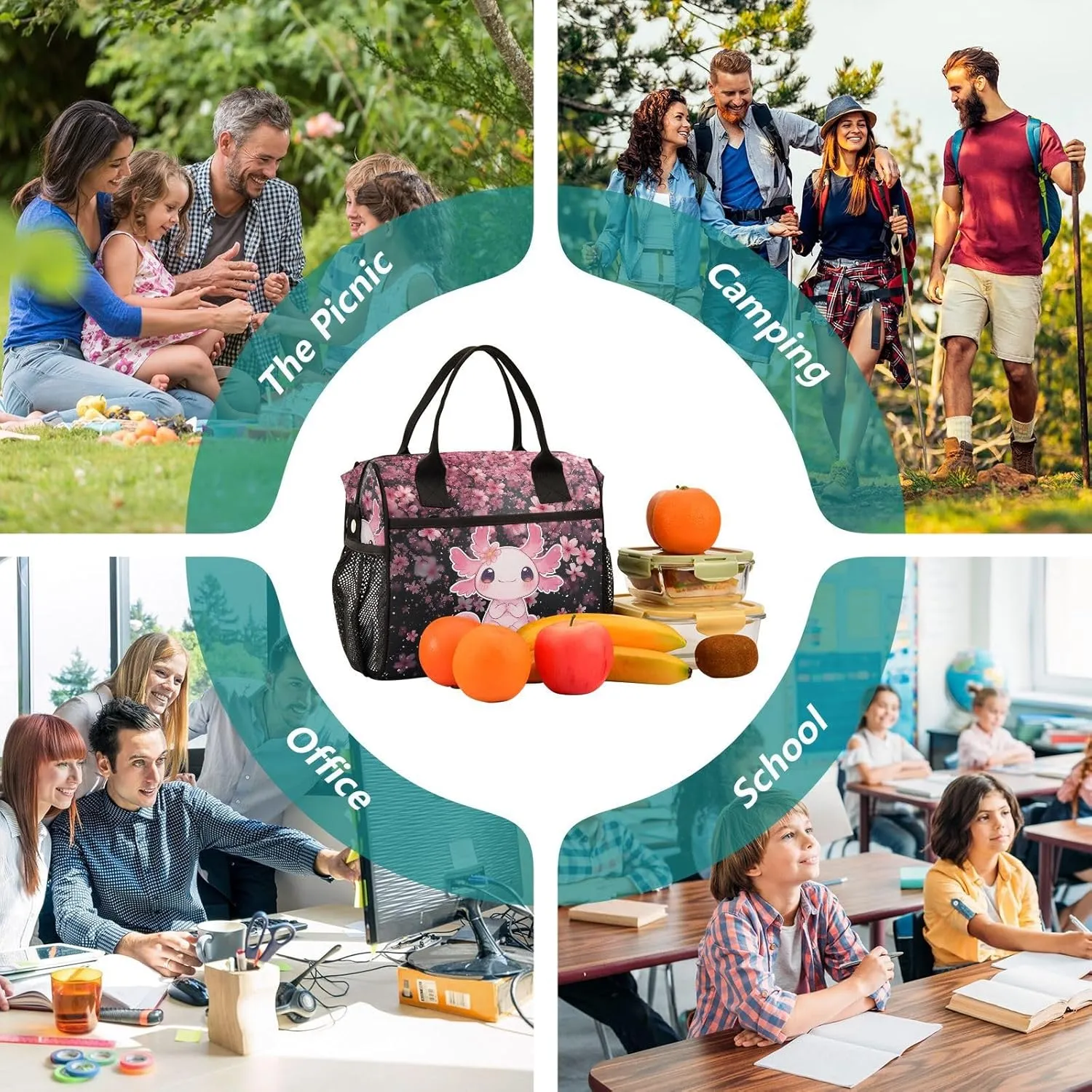 Cute Axolotl Lunch Bag Reusable Lunch Box for Men Women Adults, Insulated Cooler Tote Bag Container with Adjustable Shoulder Strap for Travel Office Picnic Hiking Beach Medium