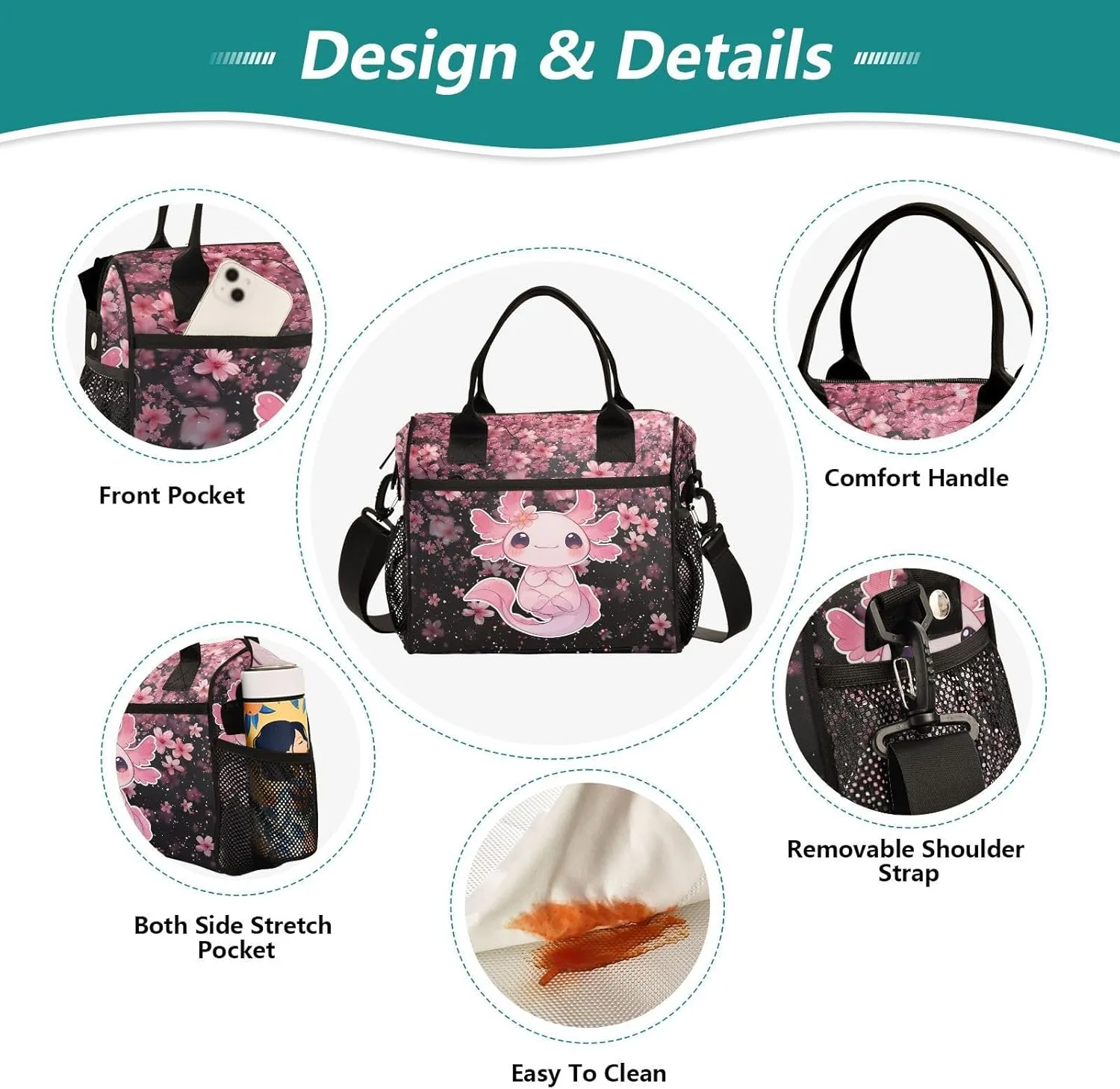 Cute Axolotl Lunch Bag Reusable Lunch Box for Men Women Adults, Insulated Cooler Tote Bag Container with Adjustable Shoulder Strap for Travel Office Picnic Hiking Beach Medium