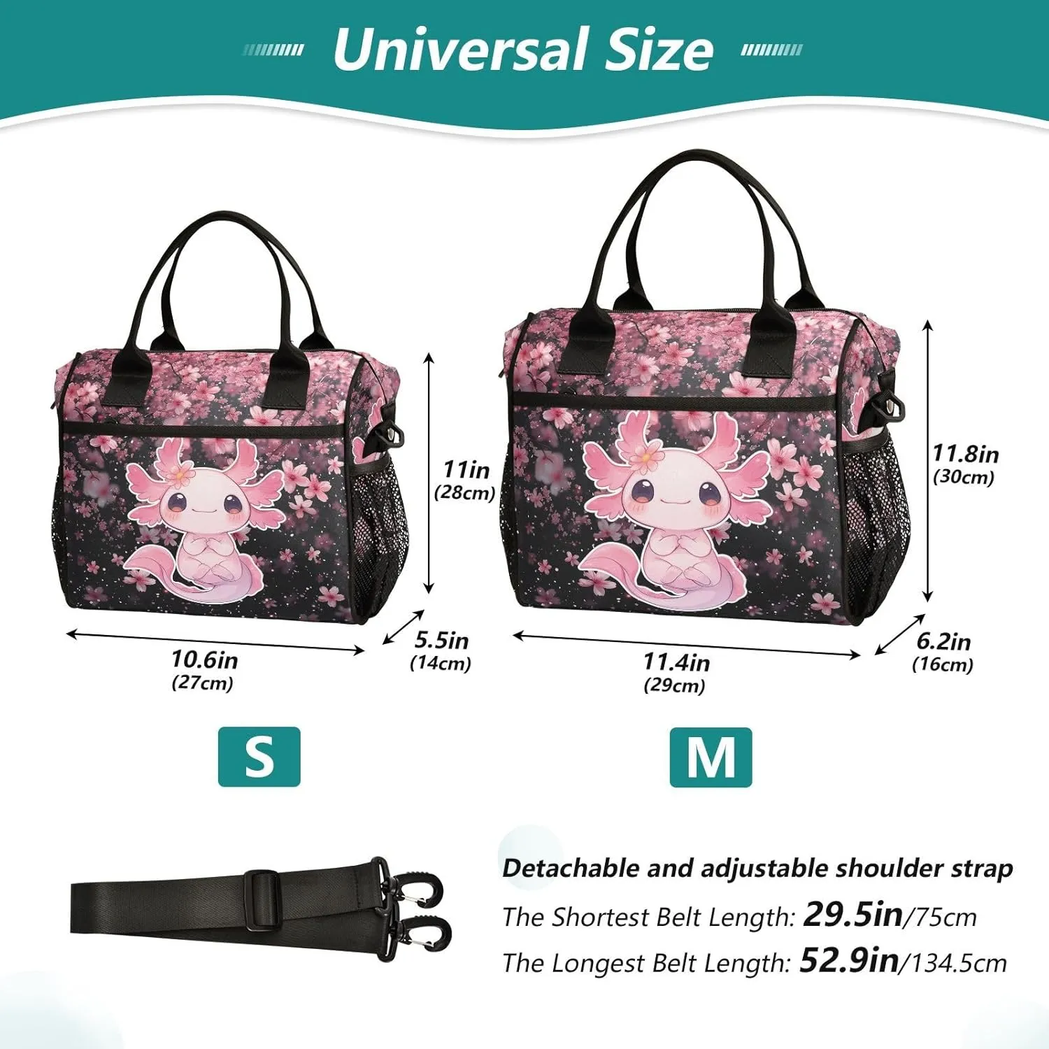 Cute Axolotl Lunch Bag Reusable Lunch Box for Men Women Adults, Insulated Cooler Tote Bag Container with Adjustable Shoulder Strap for Travel Office Picnic Hiking Beach Medium