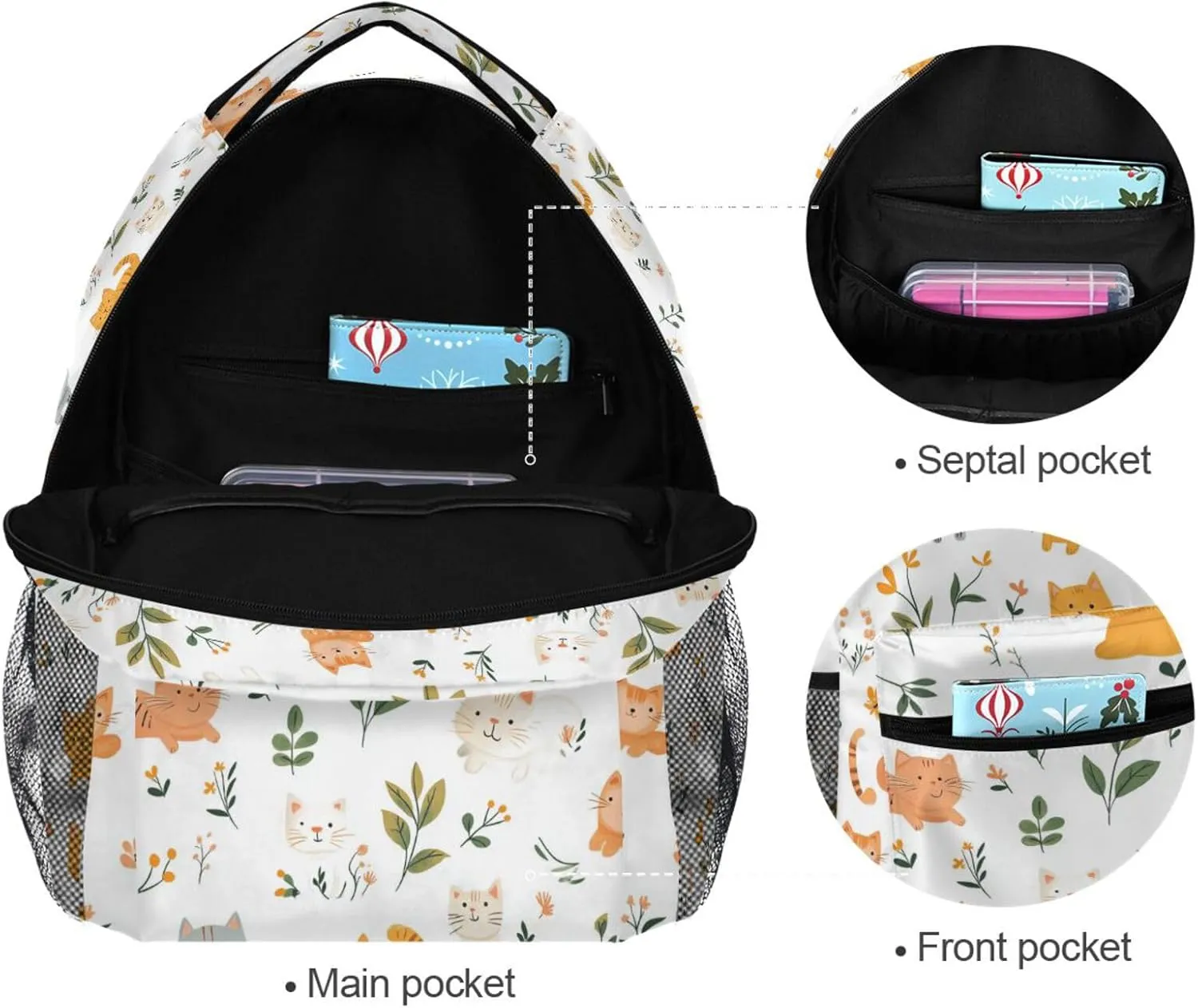 Cute Backpack for Men and Women Waterproof Backpack with Chest Strap Gift Men & Women Cartoon Sweet Cat White