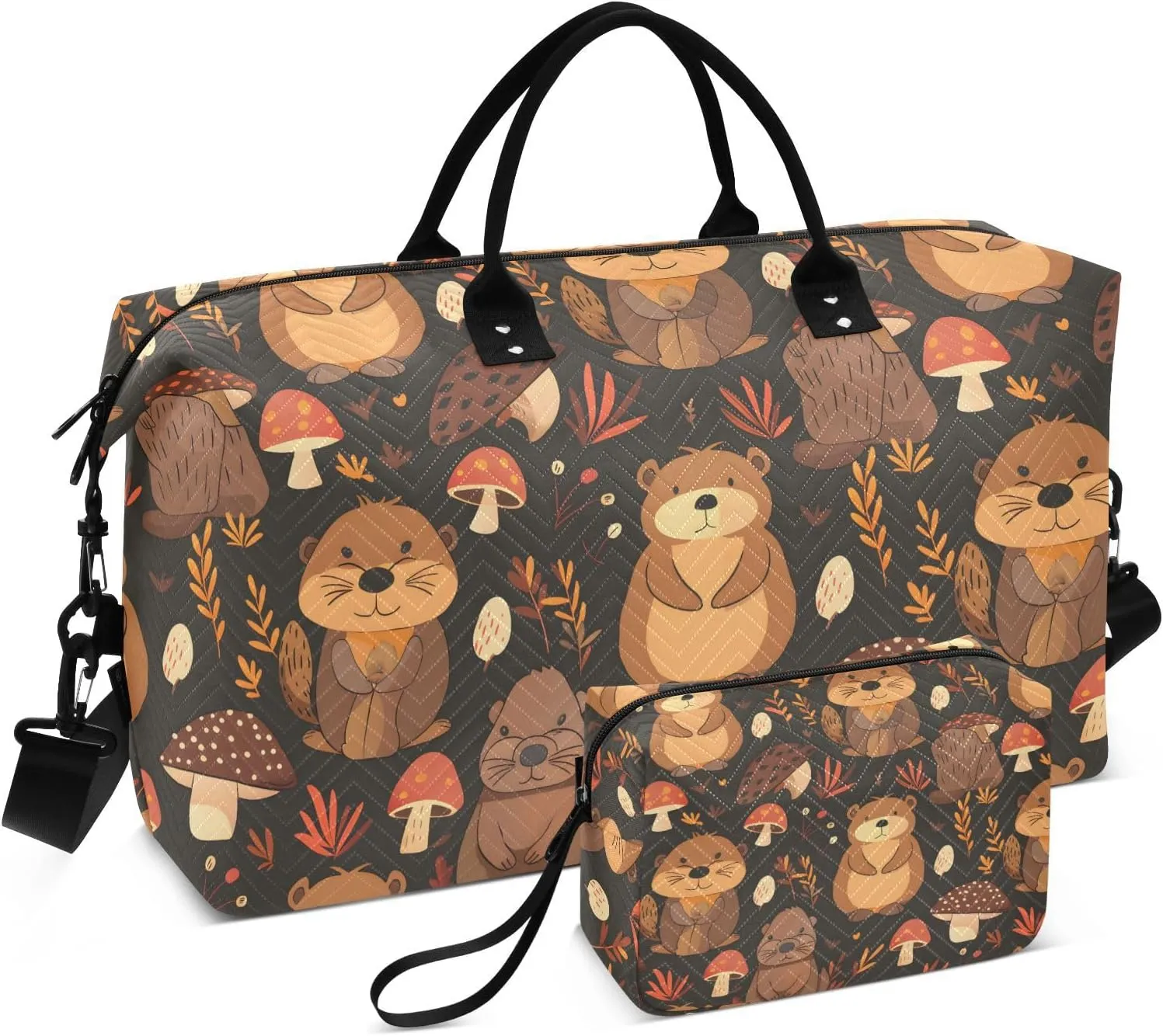 Cute Beaver Seamless Pattern Travel Duffle Bag,Large Weekender Travel Bag for Women Men Waterproof Luggage Bag with Trolley Sleeve,Airplane Travel Essentials for Flying