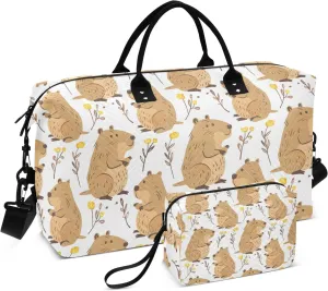 Cute Capybara Yellow Floral Travel Duffle Bag,Large Weekender Travel Bag for Women Men Waterproof Luggage Bag with Trolley Sleeve,Airplane Travel Essentials for Flying