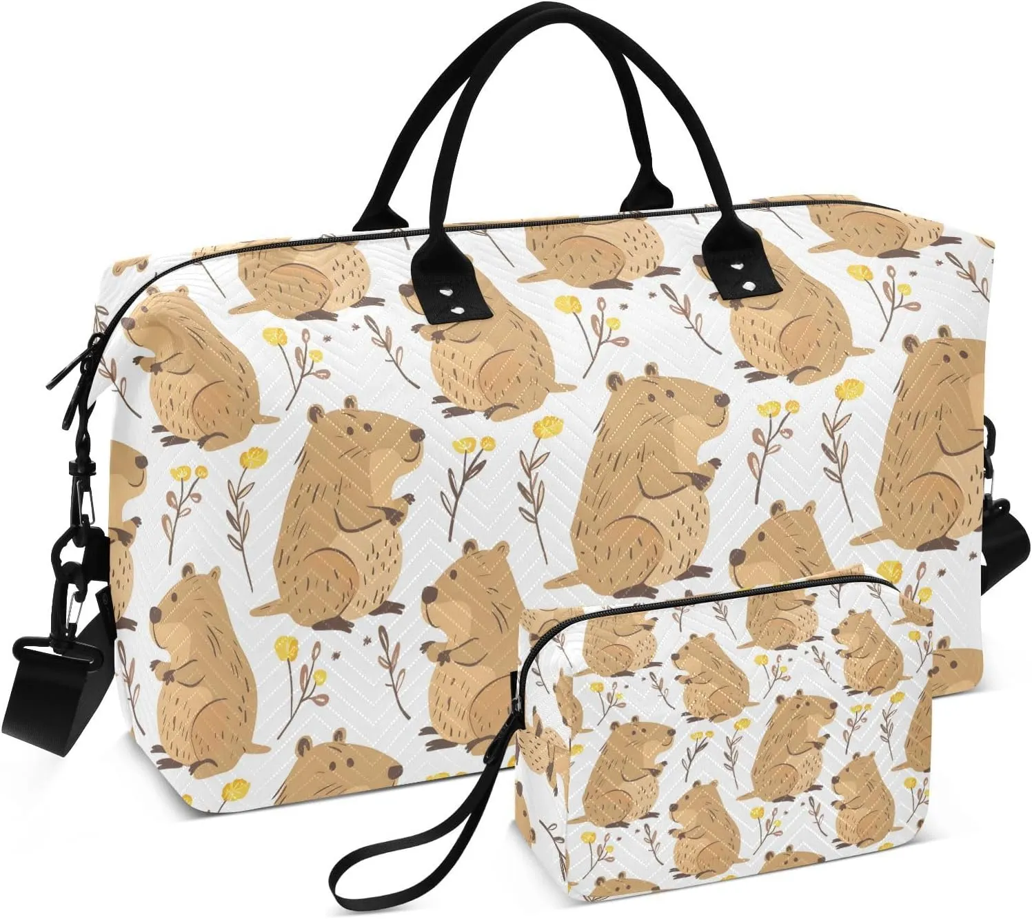 Cute Capybara Yellow Floral Travel Duffle Bag,Large Weekender Travel Bag for Women Men Waterproof Luggage Bag with Trolley Sleeve,Airplane Travel Essentials for Flying