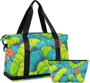 Cute Cartoon Animal Caterpillar Green Personal Item Travel Bag Gym Carry on Duffel Bags with Toiletry Bag for Travel 2 Pcs Set
