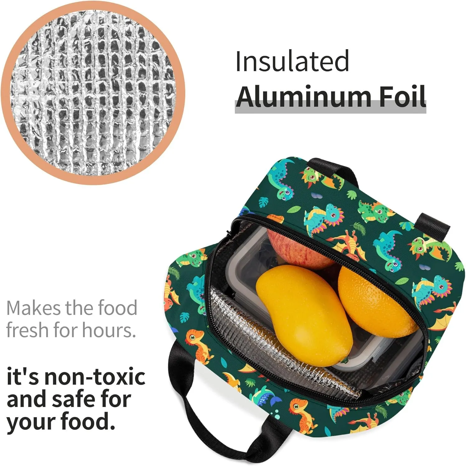 Cute Cartoon Dinosaur Lunch Bag, Unisex Reusable Insulated Lunch Tote Box, Thermal Cooler Sack Food Handbags Case High Capacity for Travel Work Picnic