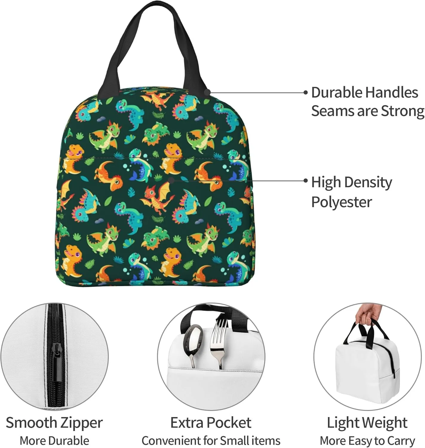 Cute Cartoon Dinosaur Lunch Bag, Unisex Reusable Insulated Lunch Tote Box, Thermal Cooler Sack Food Handbags Case High Capacity for Travel Work Picnic