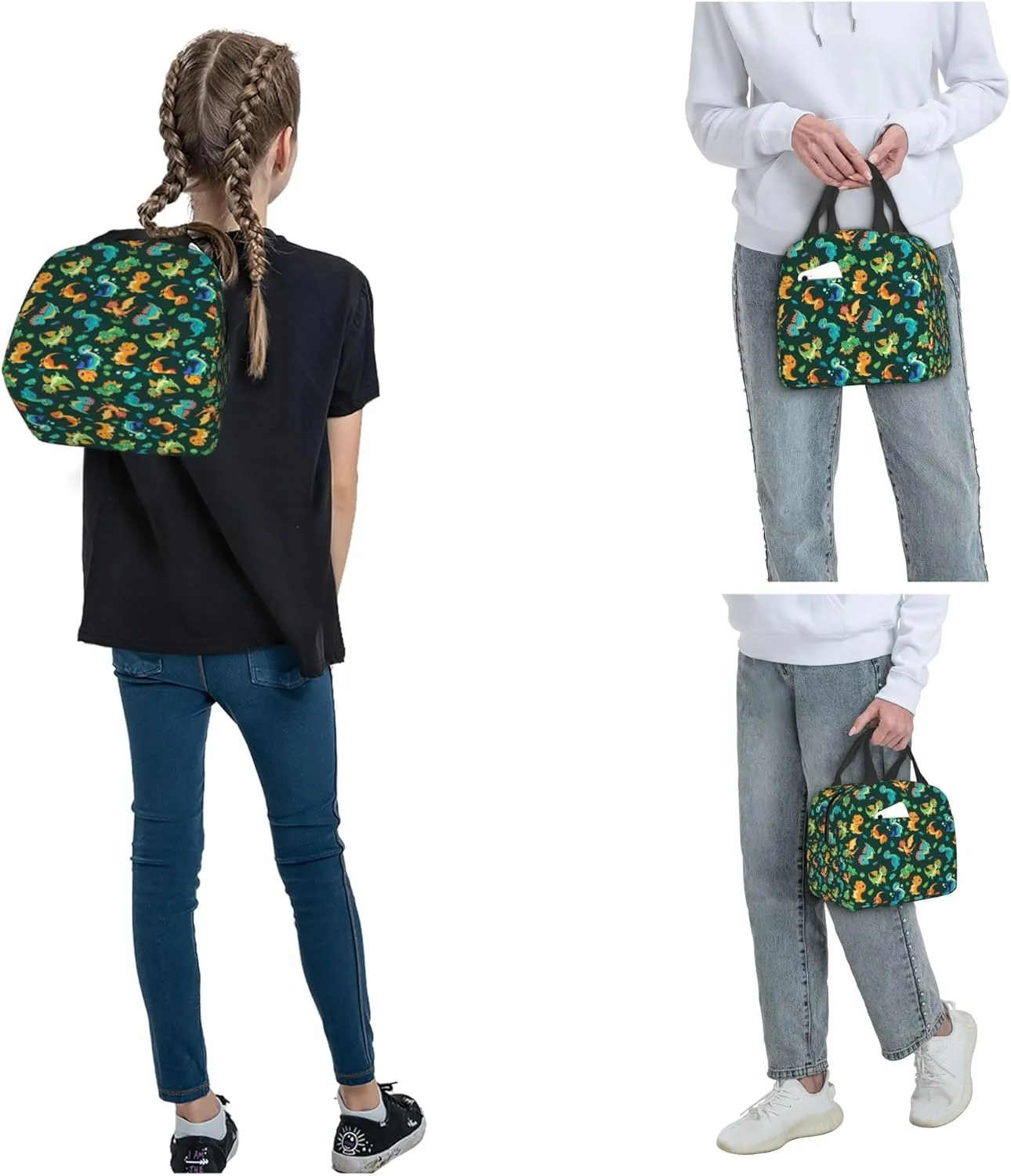 Cute Cartoon Dinosaur Lunch Bag, Unisex Reusable Insulated Lunch Tote Box, Thermal Cooler Sack Food Handbags Case High Capacity for Travel Work Picnic