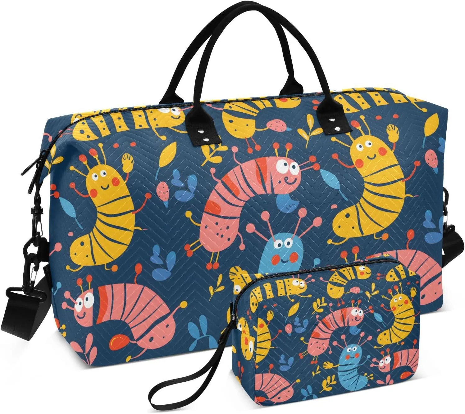 Cute Caterpillar Hand Drawn Vector Illustration Travel Duffle Bag,Large Weekender Travel Bag for Women Men Waterproof Luggage Bag with Trolley Sleeve,Airplane Travel Essentials for Flying