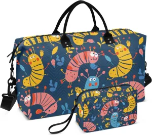 Cute Caterpillar Hand Drawn Vector Illustration Travel Duffle Bag,Large Weekender Travel Bag for Women Men Waterproof Luggage Bag with Trolley Sleeve,Airplane Travel Essentials for Flying