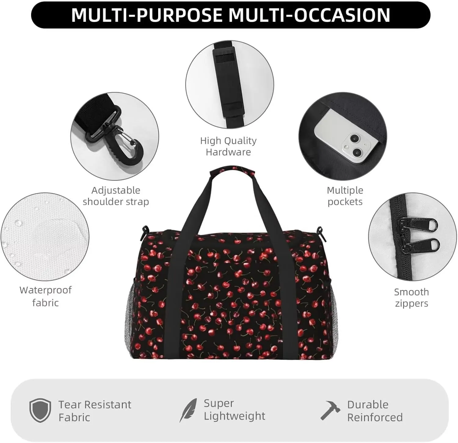 Cute Cherry Pattern Travel Duffle Bag Red Fruit Weekender Bag for Women Men Carry on Overnight Bag Yoga Gym Bag Workout Duffle Sports Bag