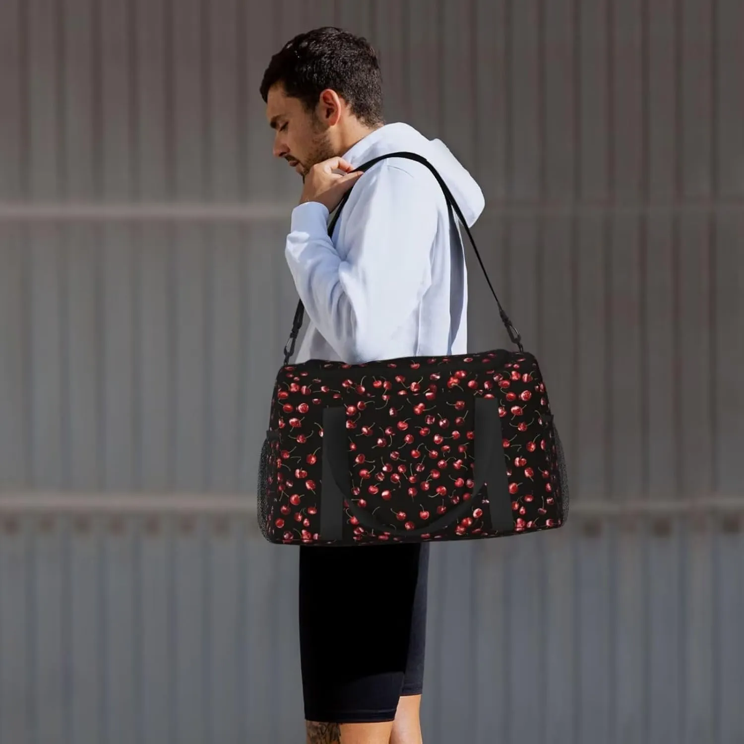 Cute Cherry Pattern Travel Duffle Bag Red Fruit Weekender Bag for Women Men Carry on Overnight Bag Yoga Gym Bag Workout Duffle Sports Bag