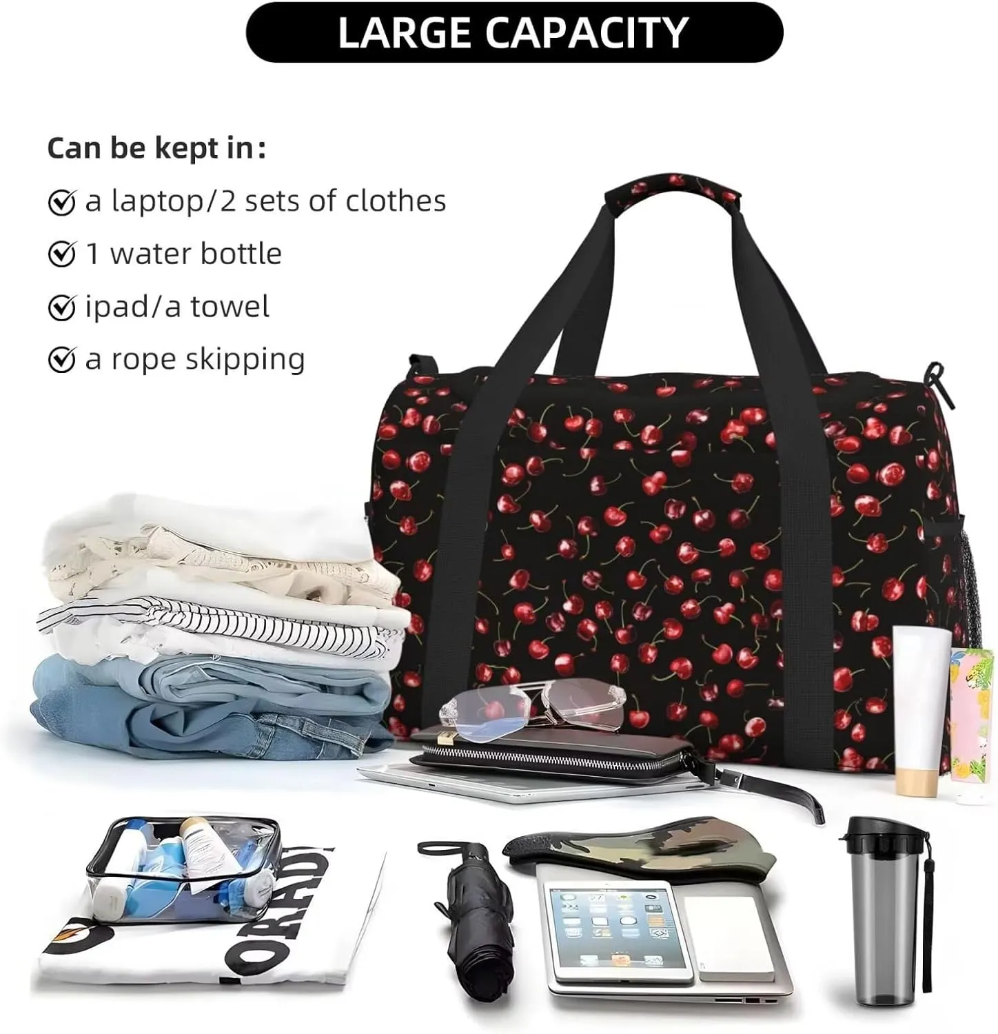 Cute Cherry Pattern Travel Duffle Bag Red Fruit Weekender Bag for Women Men Carry on Overnight Bag Yoga Gym Bag Workout Duffle Sports Bag