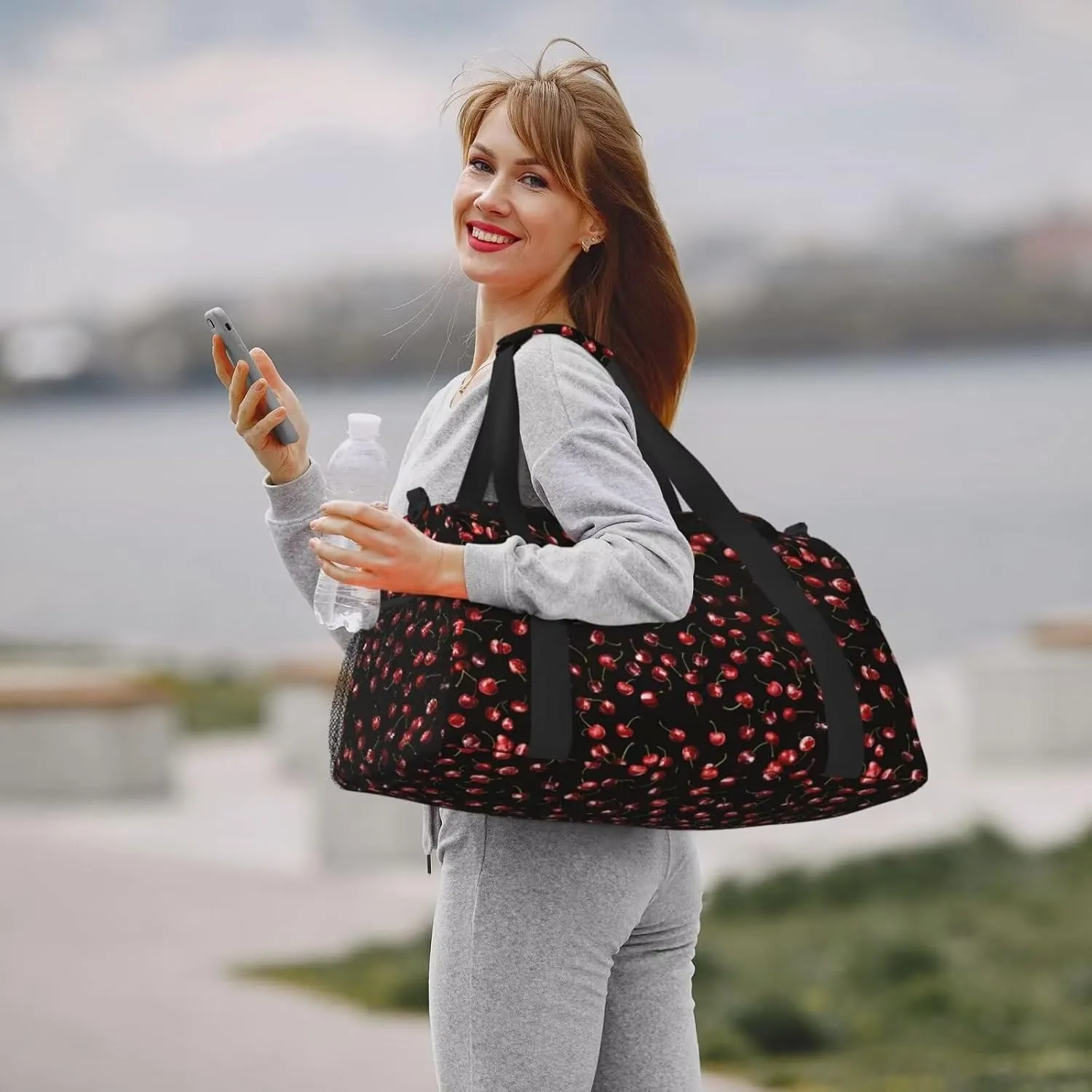 Cute Cherry Pattern Travel Duffle Bag Red Fruit Weekender Bag for Women Men Carry on Overnight Bag Yoga Gym Bag Workout Duffle Sports Bag