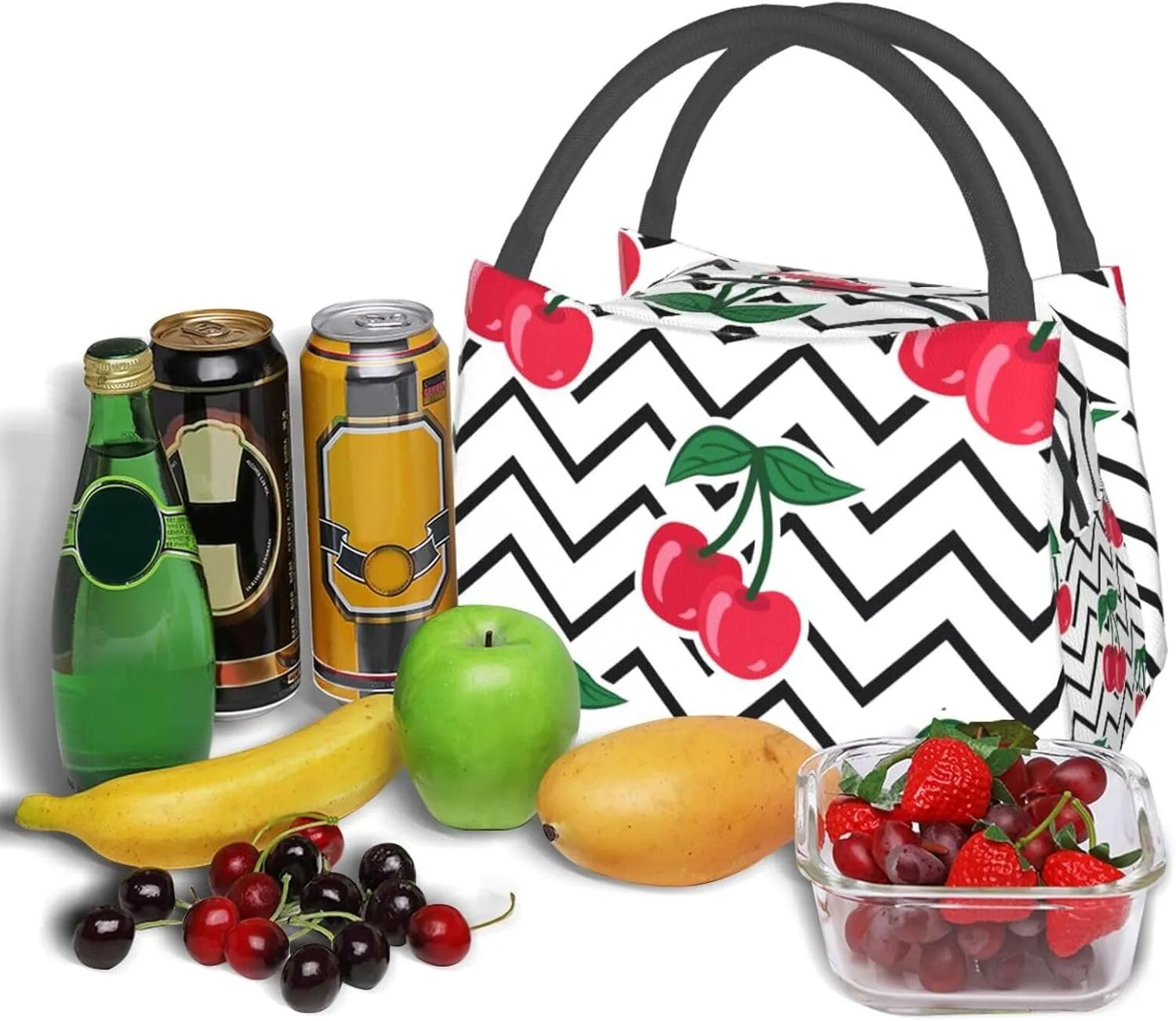 Cute Cherry Stripes Lunch Bag for Women Men Adult Portable Insulated Lunch Box Tote Bag Reusable Travel Work Leakproof Thermal Cooler Lunch Snack Bags for Outdoor Office Picnic Camping
