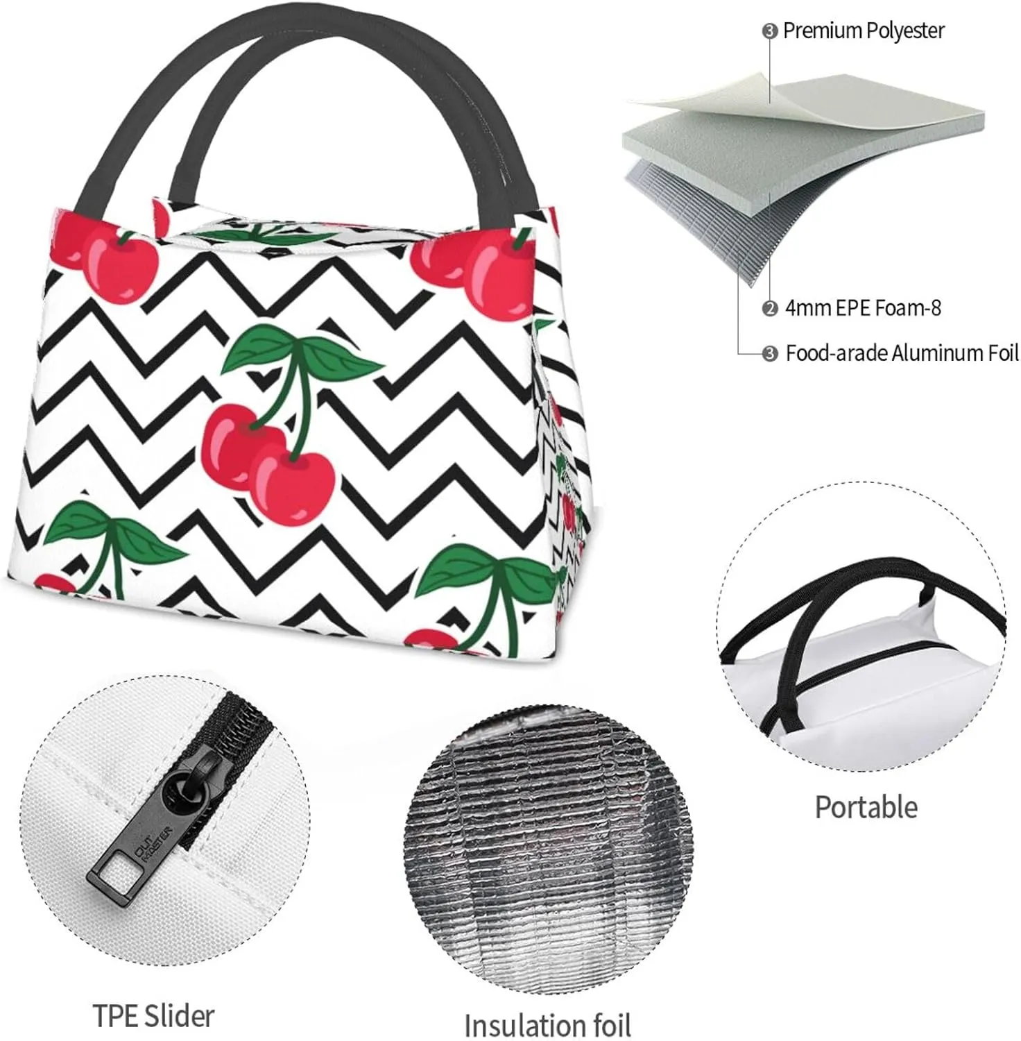Cute Cherry Stripes Lunch Bag for Women Men Adult Portable Insulated Lunch Box Tote Bag Reusable Travel Work Leakproof Thermal Cooler Lunch Snack Bags for Outdoor Office Picnic Camping