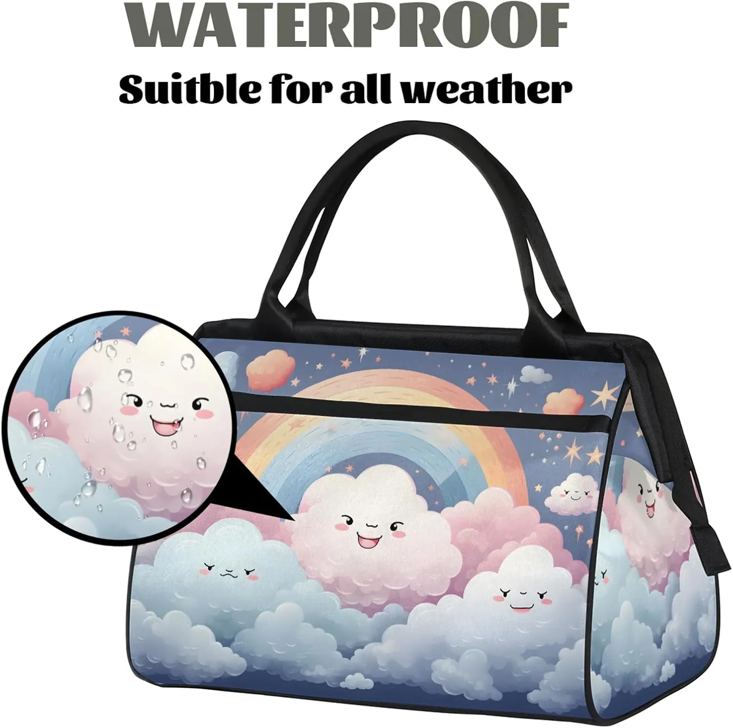 Cute Clouds Colorful Travel Duffel Bag Gym Tote Bag for Women Men Waterproof Weekend Overnight Bag Carry On Tote Luggage with Pocket Personal Item Bags Sports Bag fit Travel Sports Gym Yoga