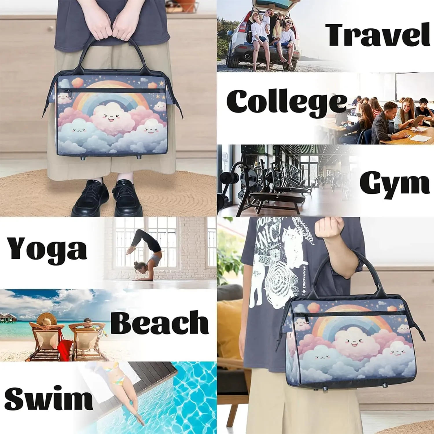 Cute Clouds Colorful Travel Duffel Bag Gym Tote Bag for Women Men Waterproof Weekend Overnight Bag Carry On Tote Luggage with Pocket Personal Item Bags Sports Bag fit Travel Sports Gym Yoga
