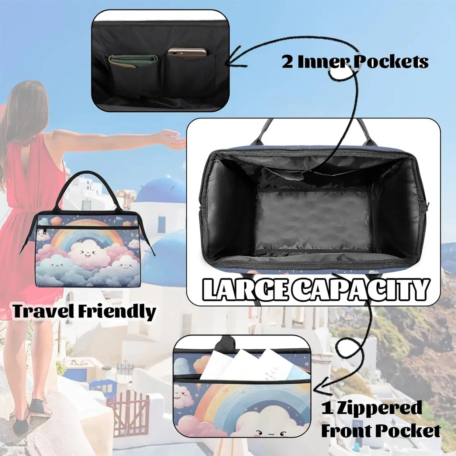 Cute Clouds Colorful Travel Duffel Bag Gym Tote Bag for Women Men Waterproof Weekend Overnight Bag Carry On Tote Luggage with Pocket Personal Item Bags Sports Bag fit Travel Sports Gym Yoga