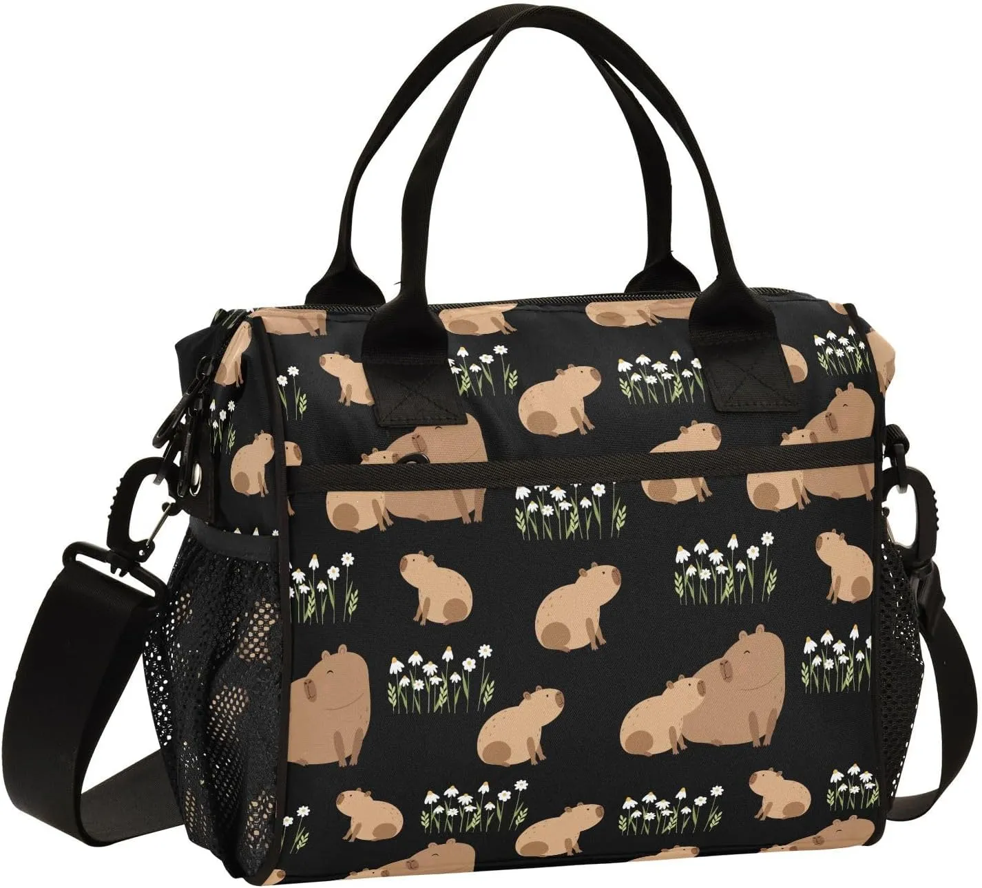 Cute Floral Capybaras Lunch Bag Reusable Lunch Box for Office Picnic Hiking Beach, Insulated Cooler Tote Food Container with Adjustable Shoulder Strap for Men Women Adults
