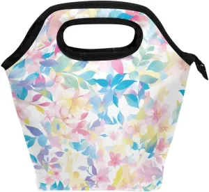 cute lunch bag with Curved handle lunch boxes for women Reusable cooler bag small for Picnic Travel Watercolor Art Leaves Light Red Blue
