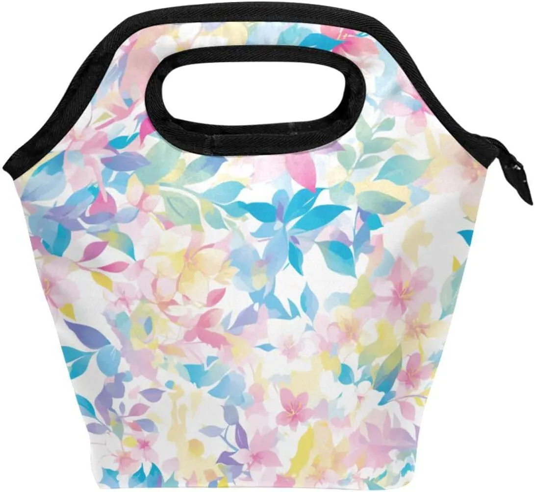 cute lunch bag with Curved handle lunch boxes for women Reusable cooler bag small for Picnic Travel Watercolor Art Leaves Light Red Blue