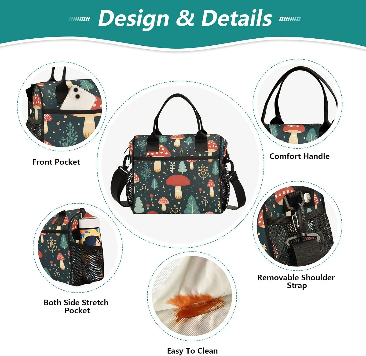 Cute Mushroom Red Large Insulated Lunch Bag for Office Work School Picnic Reusable Tote Bag, A05W23017, Medium