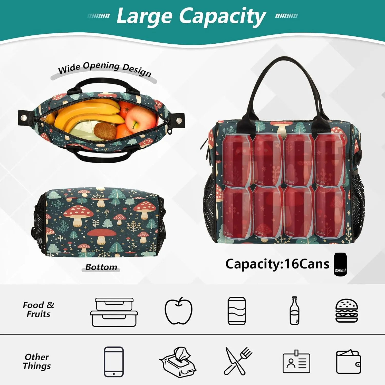 Cute Mushroom Red Large Insulated Lunch Bag for Office Work School Picnic Reusable Tote Bag, A05W23017, Medium
