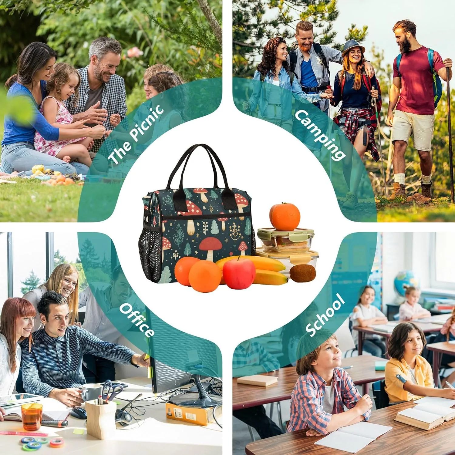 Cute Mushroom Red Large Insulated Lunch Bag for Office Work School Picnic Reusable Tote Bag, A05W23017, Medium