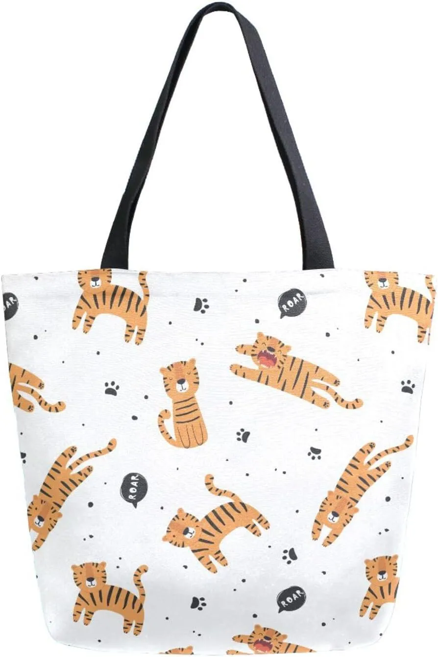 Cute Roar Tiger Canvas Tote Bag for Women with Zipper Pocket Reusable Grocery Shopping Bags Large Travel Shoulder Bag Handbag Bags