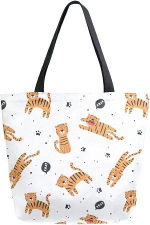 Cute Roar Tiger Canvas Tote Bag for Women with Zipper Pocket Reusable Grocery Shopping Bags Large Travel Shoulder Bag Handbag Bags