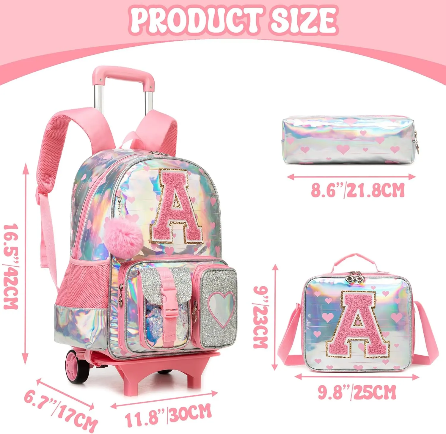 Cute Rolling Backpack with Wheel,School Backpack for Kids Girl Roller Schoolbag Wheeled Backpacks Set Carry-on Luggage,Pink