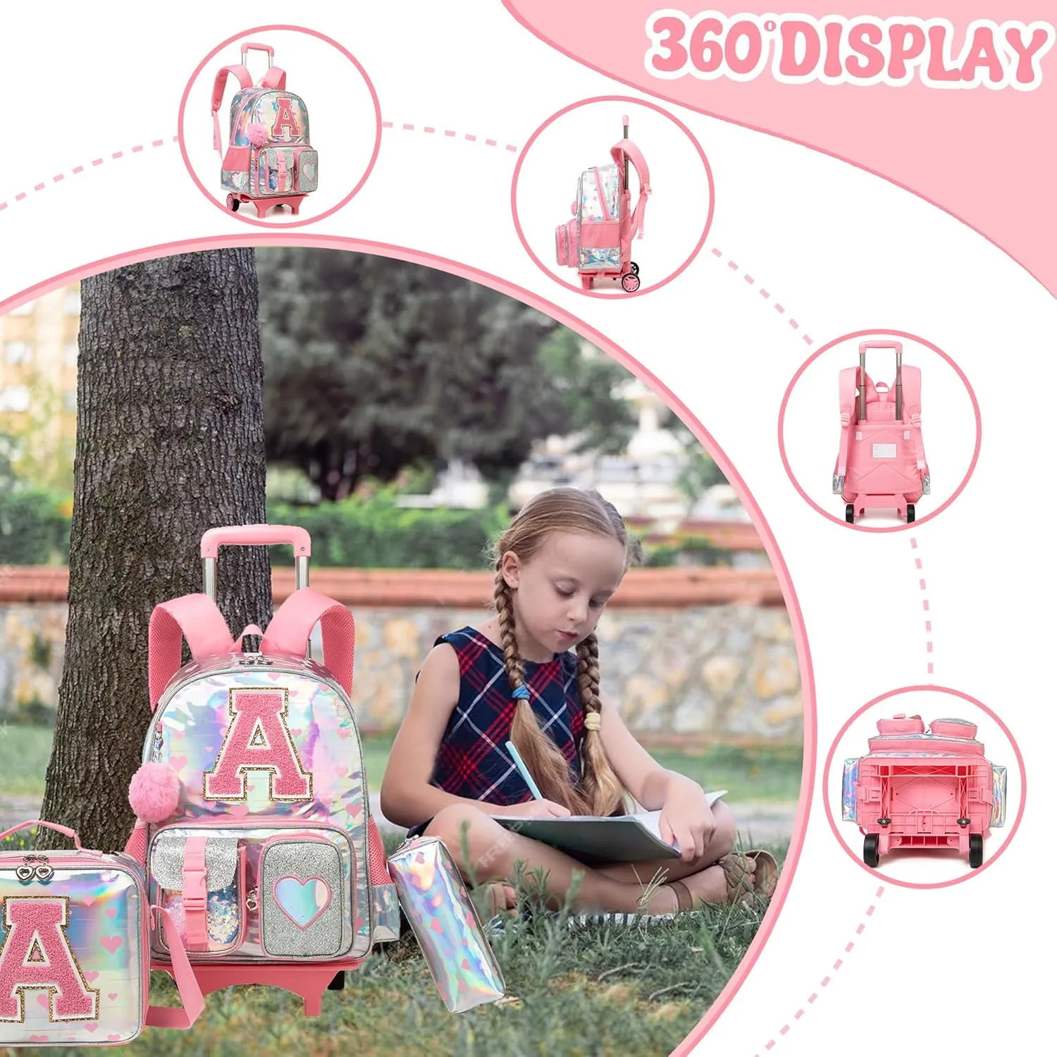 Cute Rolling Backpack with Wheel,School Backpack for Kids Girl Roller Schoolbag Wheeled Backpacks Set Carry-on Luggage,Pink