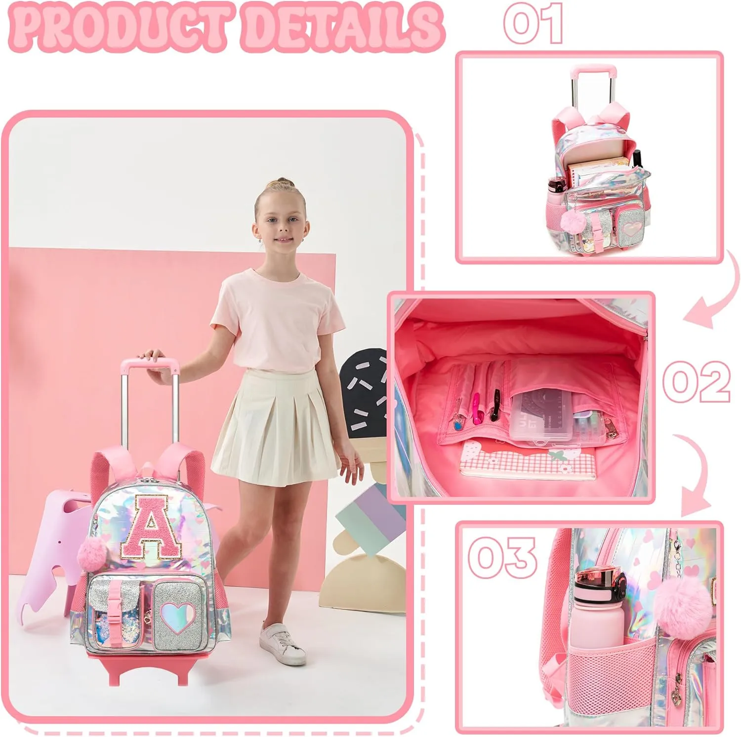 Cute Rolling Backpack with Wheel,School Backpack for Kids Girl Roller Schoolbag Wheeled Backpacks Set Carry-on Luggage,Pink