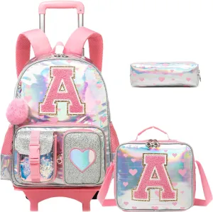 Cute Rolling Backpack with Wheel,School Backpack for Kids Girl Roller Schoolbag Wheeled Backpacks Set Carry-on Luggage,Pink