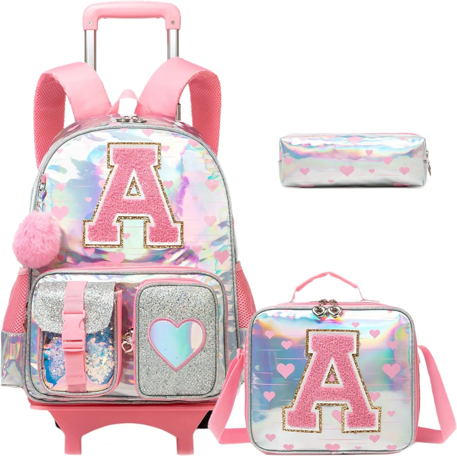 Cute Rolling Backpack with Wheel,School Backpack for Kids Girl Roller Schoolbag Wheeled Backpacks Set Carry-on Luggage,Pink