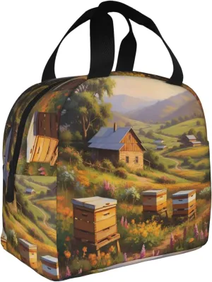 Cute Rural Honey Bees flowers Printed Lunch Bag,Women Men Insulated Lunch Bags for Work Lunch Tote Lunch Box with Handle Small