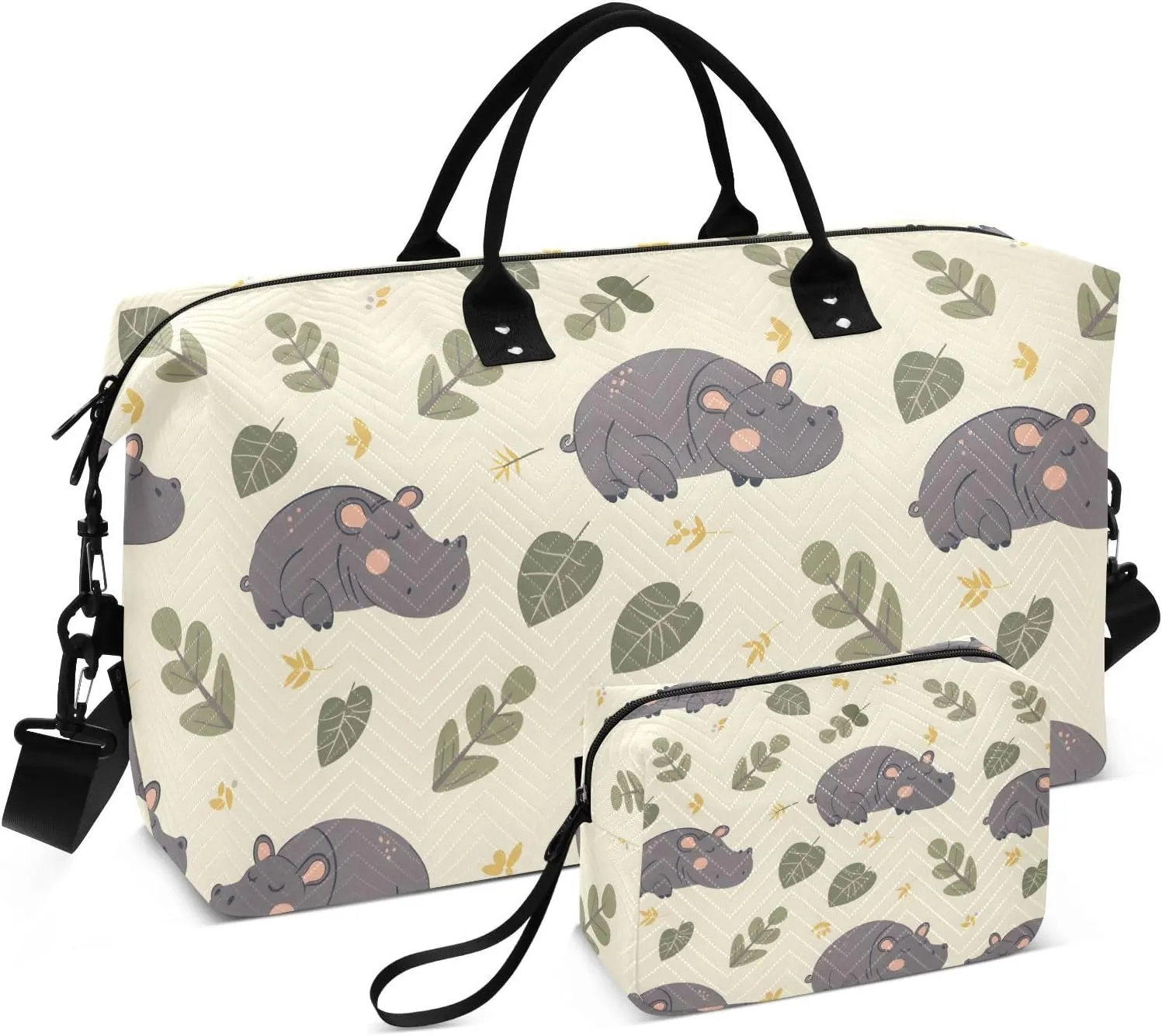 Cute Sleepy Hippo Travel Duffle Bag,Large Weekender Travel Bag for Women Men Waterproof Luggage Bag with Trolley Sleeve,Airplane Travel Essentials for Flying