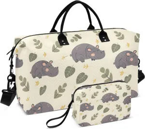 Cute Sleepy Hippo Travel Duffle Bag,Large Weekender Travel Bag for Women Men Waterproof Luggage Bag with Trolley Sleeve,Airplane Travel Essentials for Flying