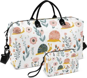 Cute Snails Flowers WildTravel Duffle Bag,Large Weekender Travel Bag for Women Men Waterproof Luggage Bag with Trolley Sleeve,Airplane Travel Essentials for Flying