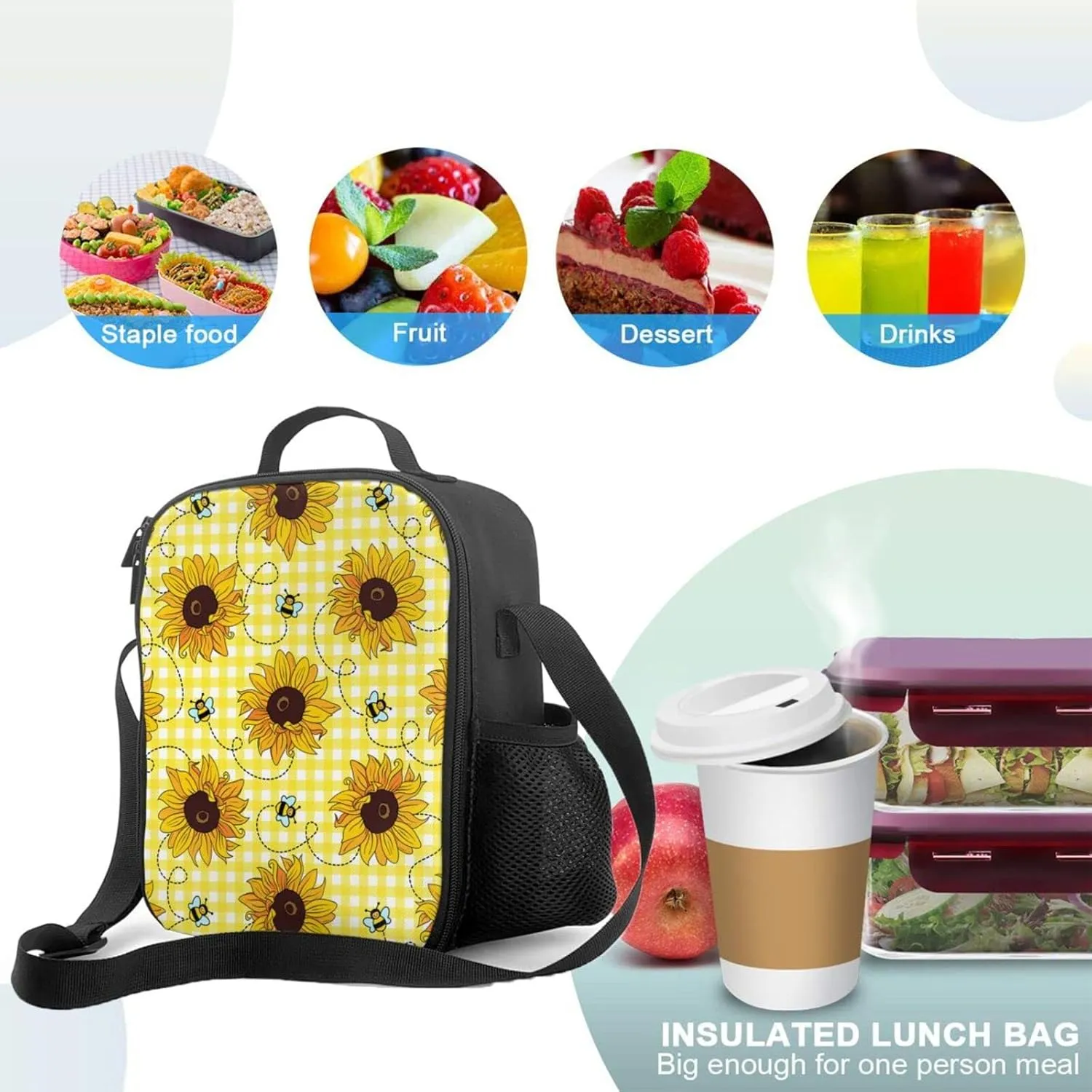 Cute Sunflower Bee Plaid Lunch Bag Women, Insulated Reusable Cooler Lunch Box Shoulder Tote Handbag Bags Containers for Men Women Girls Boys Kids Work Picnic School Travel