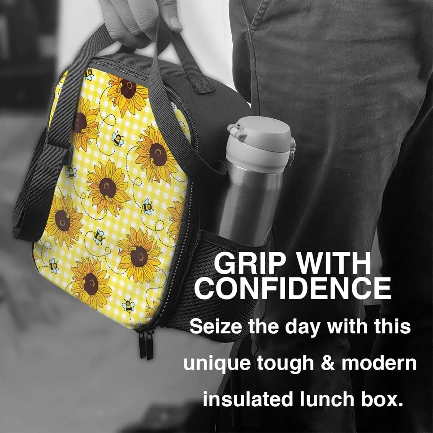 Cute Sunflower Bee Plaid Lunch Bag Women, Insulated Reusable Cooler Lunch Box Shoulder Tote Handbag Bags Containers for Men Women Girls Boys Kids Work Picnic School Travel