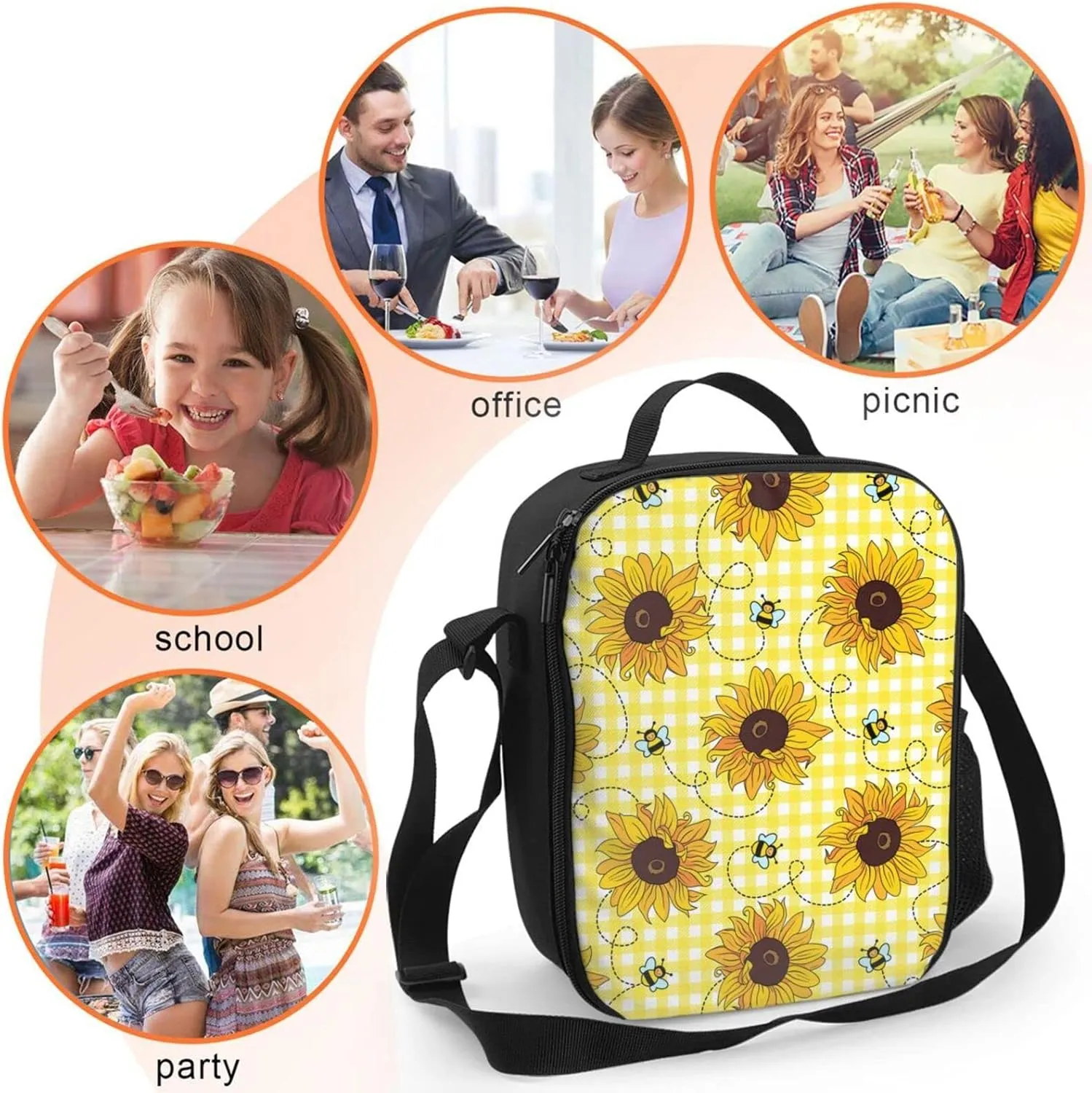 Cute Sunflower Bee Plaid Lunch Bag Women, Insulated Reusable Cooler Lunch Box Shoulder Tote Handbag Bags Containers for Men Women Girls Boys Kids Work Picnic School Travel