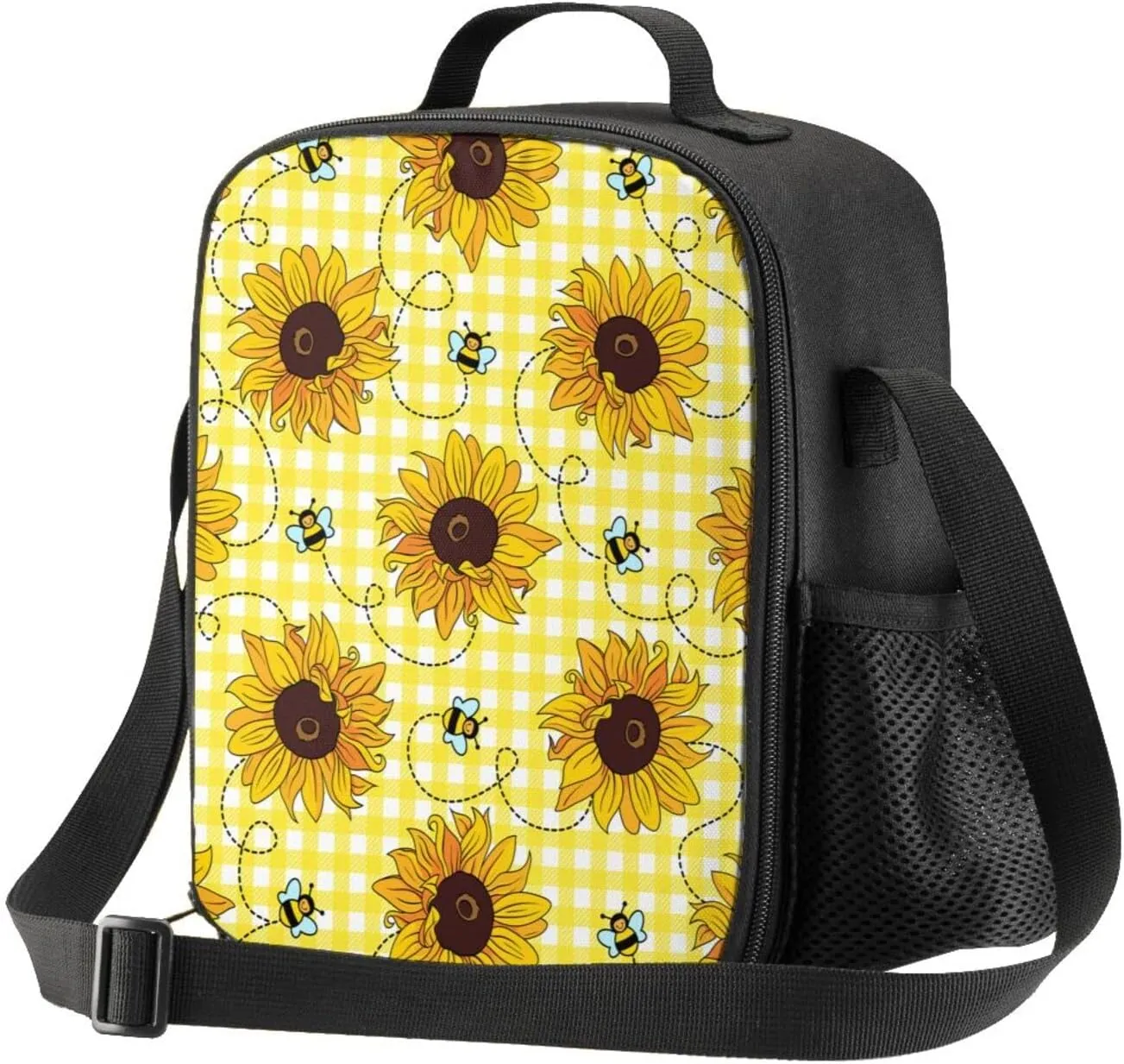 Cute Sunflower Bee Plaid Lunch Bag Women, Insulated Reusable Cooler Lunch Box Shoulder Tote Handbag Bags Containers for Men Women Girls Boys Kids Work Picnic School Travel