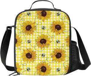 Cute Sunflower Bee Plaid Lunch Bag Women, Insulated Reusable Cooler Lunch Box Shoulder Tote Handbag Bags Containers for Men Women Girls Boys Kids Work Picnic School Travel