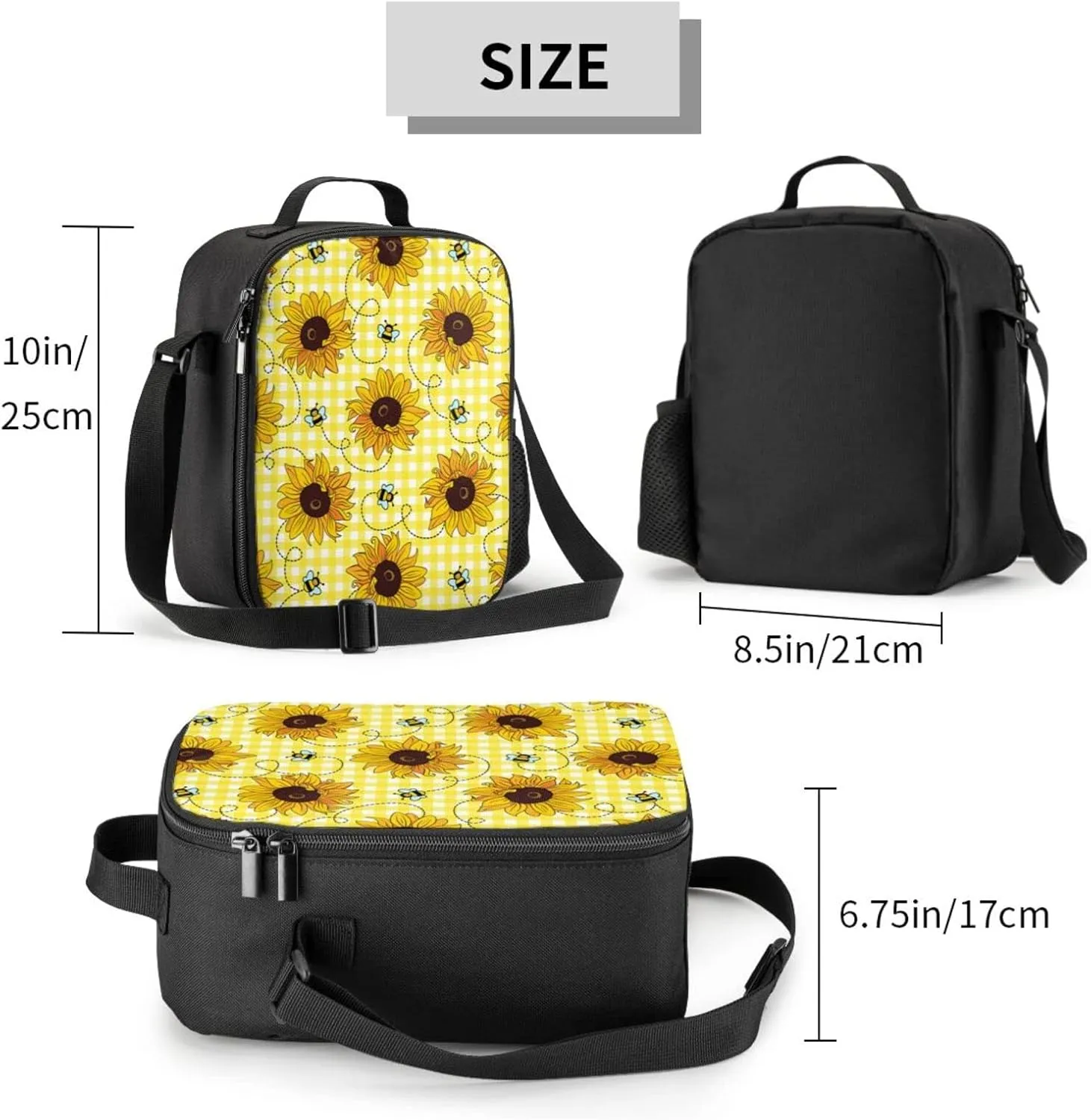Cute Sunflower Bee Plaid Lunch Bag Women, Insulated Reusable Cooler Lunch Box Shoulder Tote Handbag Bags Containers for Men Women Girls Boys Kids Work Picnic School Travel