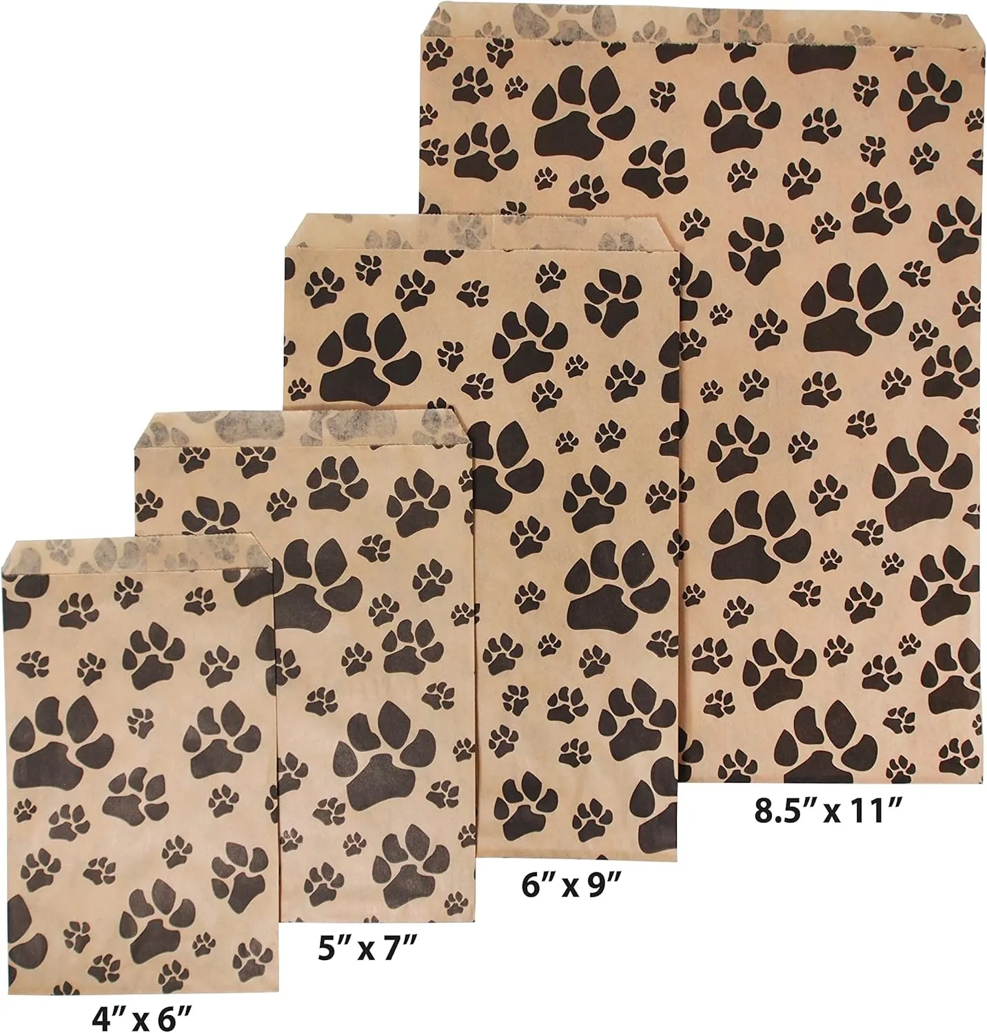CuteBox Pawprint Kraft Flat Paper Gift Bags 100pcs (6" x 9") for Crafts, Party Favors, Retail, Merchandise, Tradeshows, Handmade Goods, Arts and Crafts, Outdoor Events, Holidays, Weddings