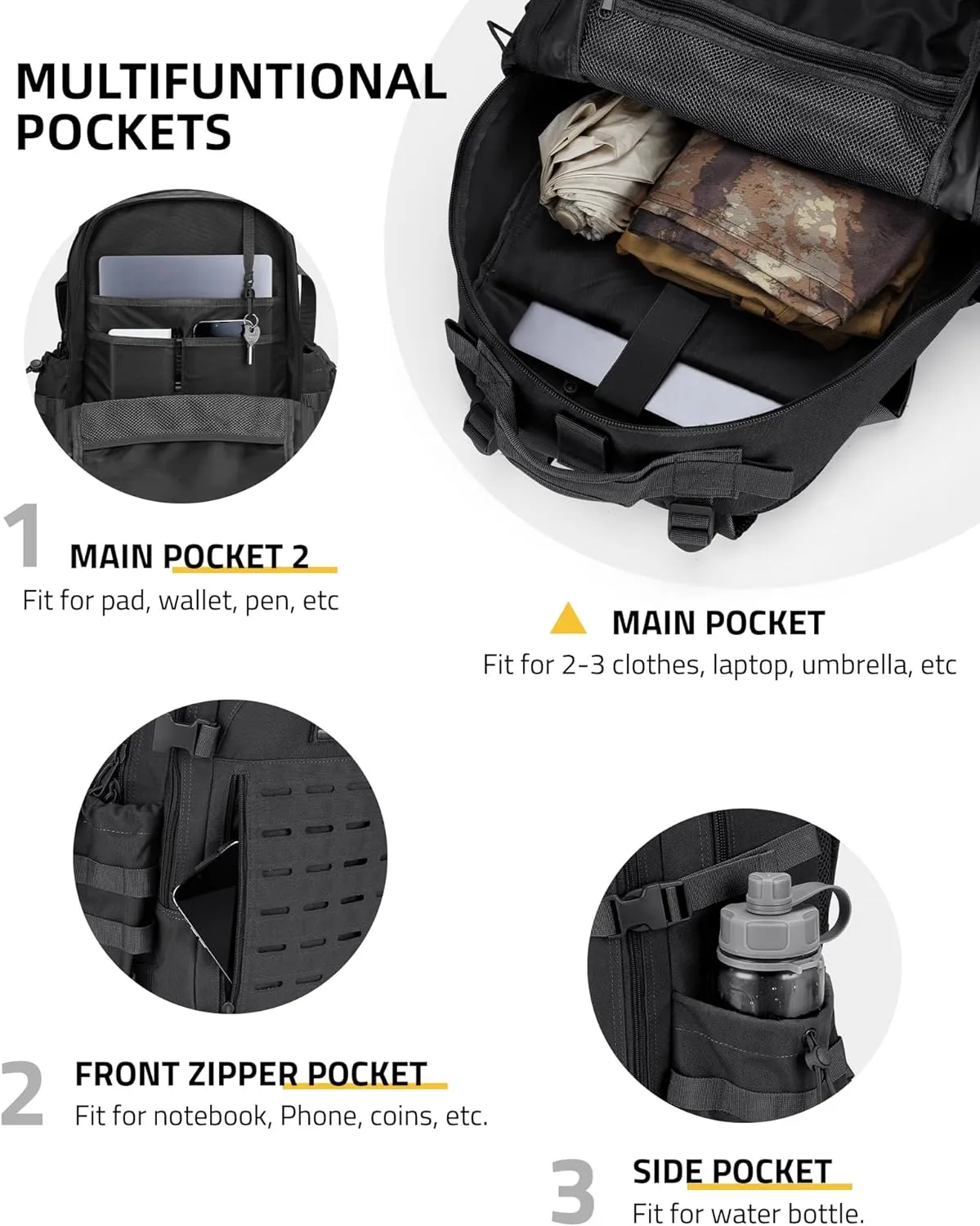CVLIFE Tactical Backpack Military Molle Backpack for Men Women, Army Daypack with Laptop Compartment, 40L Assault Pack Rucksack Bug Out Bag for Outdoors Hiking Travel Camping, Black